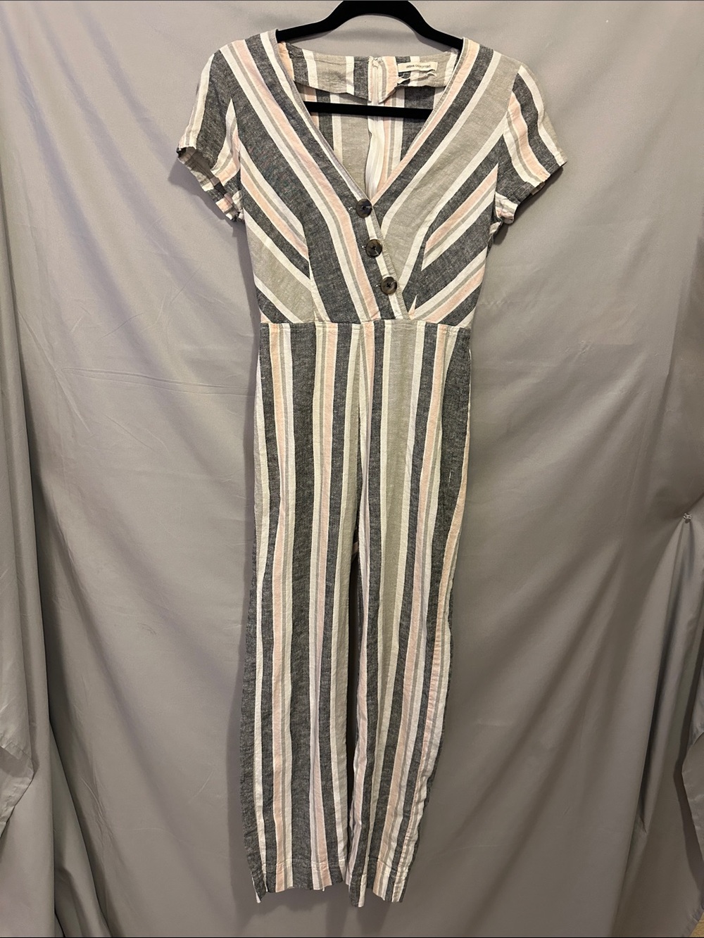 Urban Outfitters Striped V-Neck Jumpsuit in Gray, White & Blush